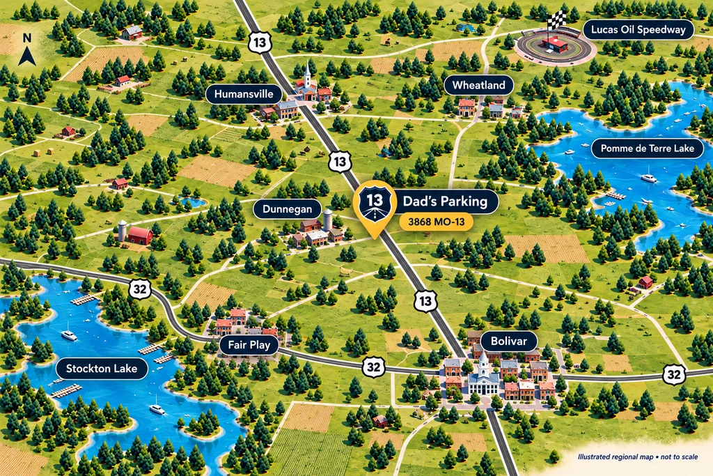 Illustrated map showing Dad’s Parking on Highway 13 between Humansville and Bolivar, near Stockton Lake, Pomme de Terre Lake and Lucas Oil Speedway